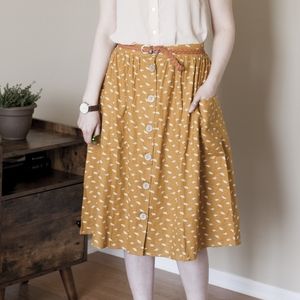 Mustard Yellow Leaf Print Linen Blend Skirt